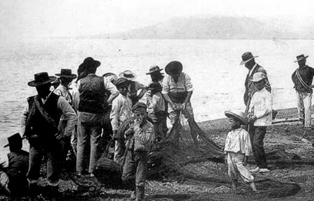 Imágen típica de las playas de Málaga en el siglo XX, los pescadores tirando del Copo