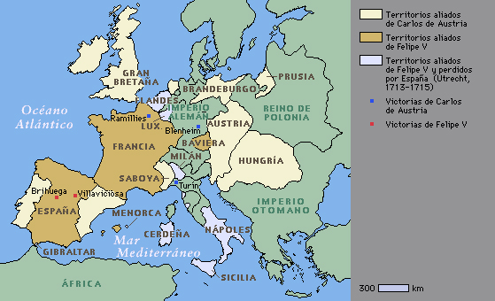 Mapa de los distintos territorios en la guerra de sucesion