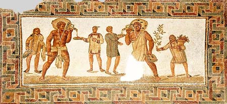Mosaic floor with slaves serving at a banquet, found in Dougga (3rd century AD)